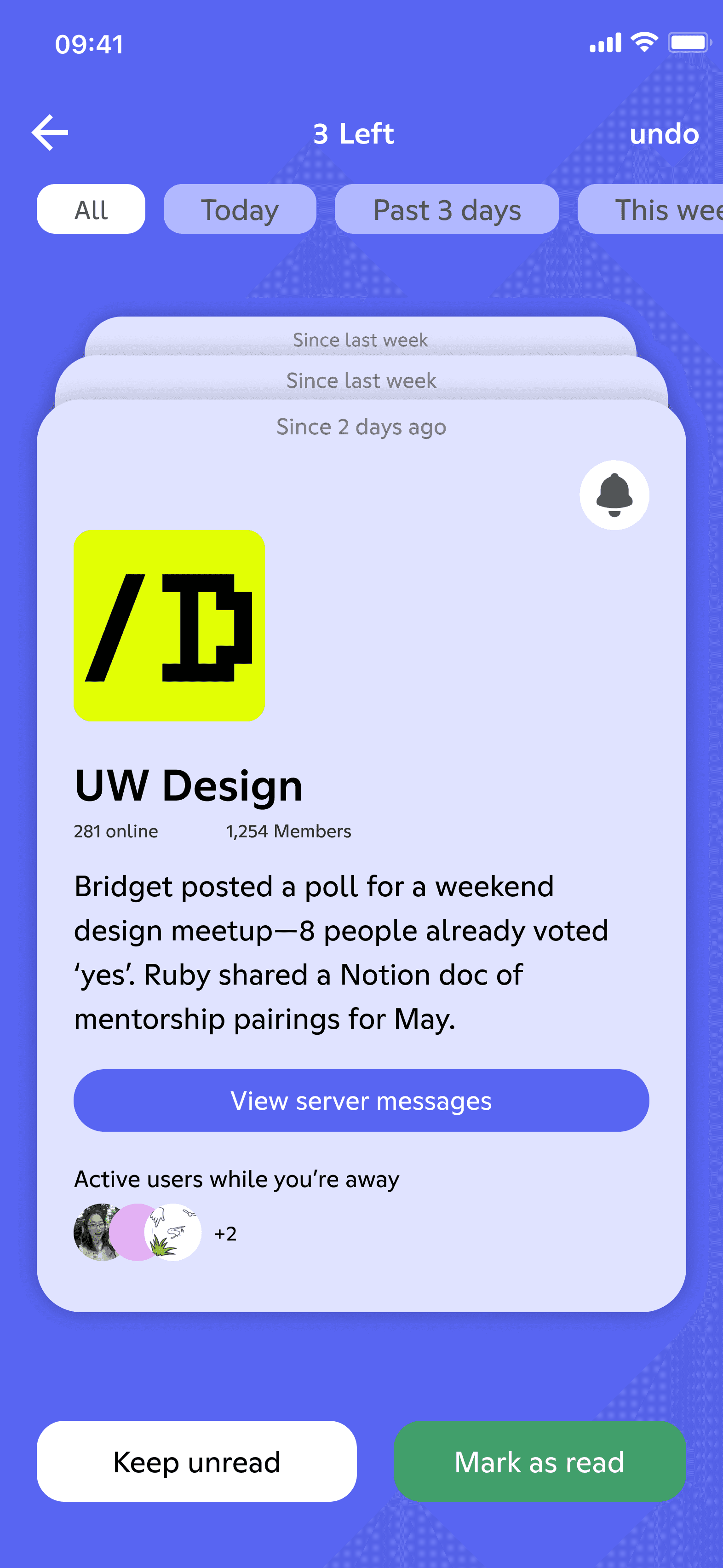 Catch-up view organized by server category