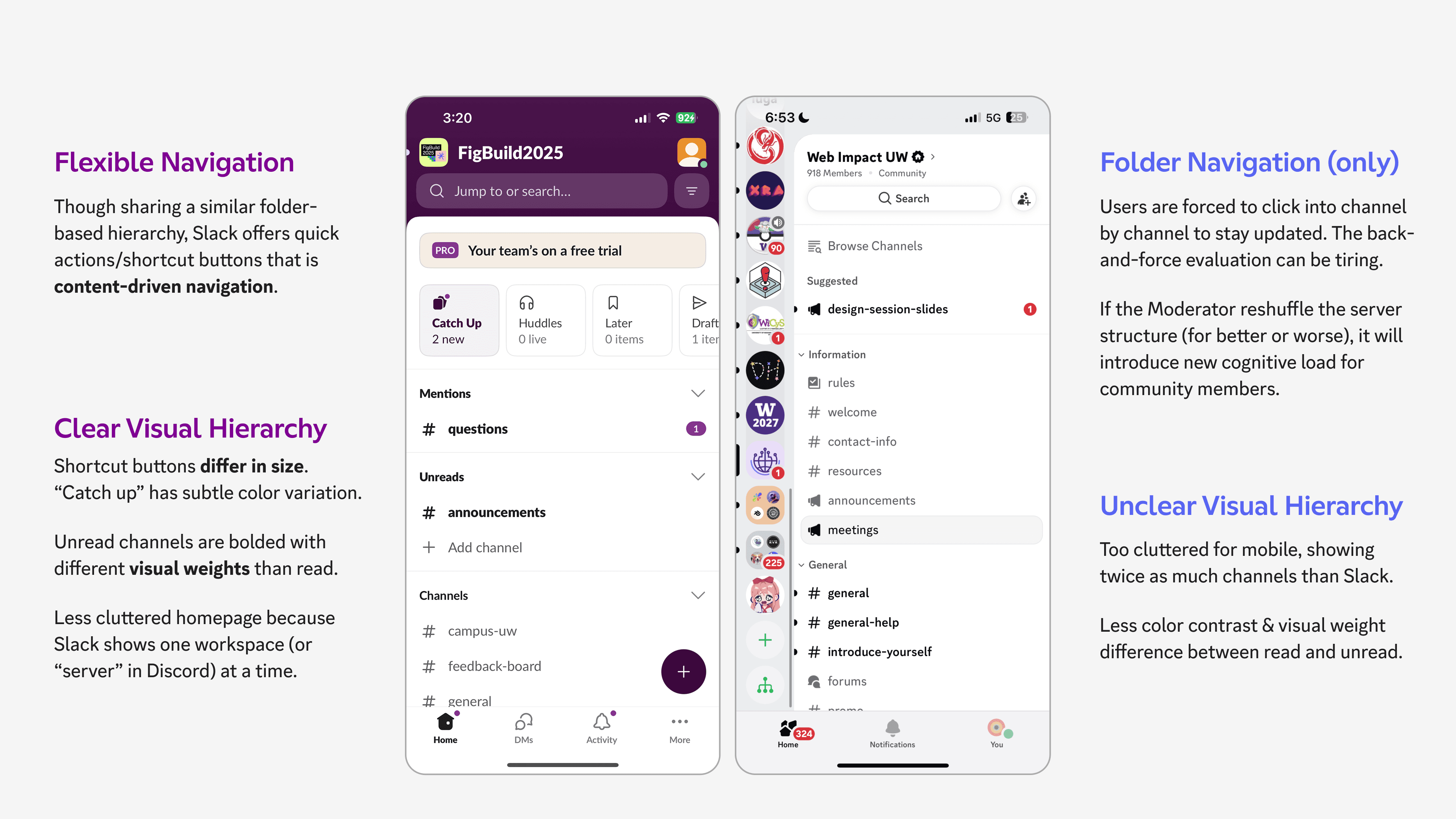 Competitive analysis comparing Discord and Slack home experiences