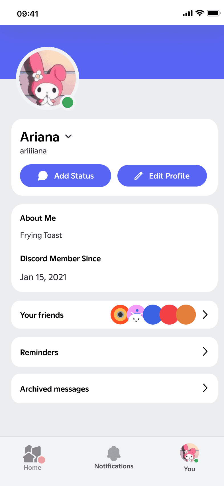Discord personal space profile screen
