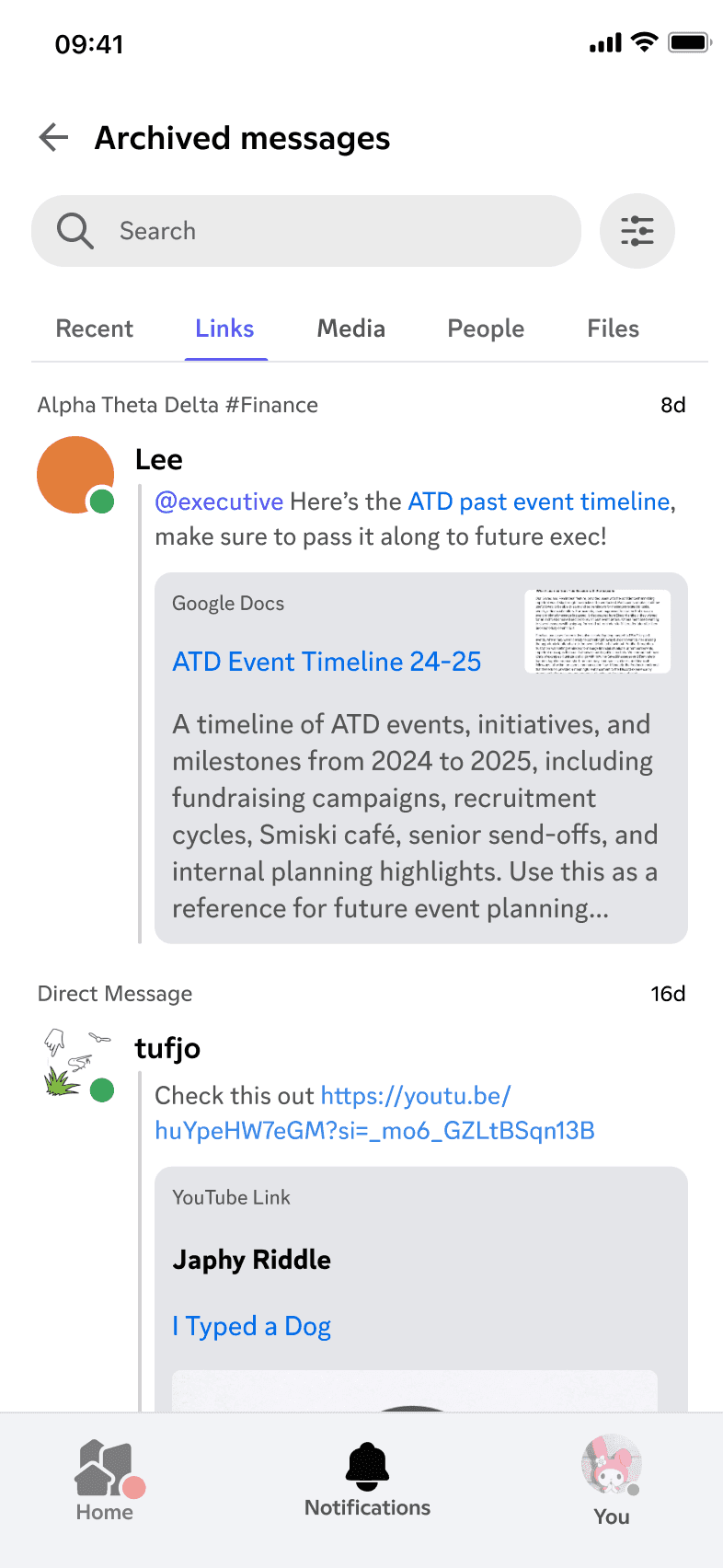 Archived messages in personal space
