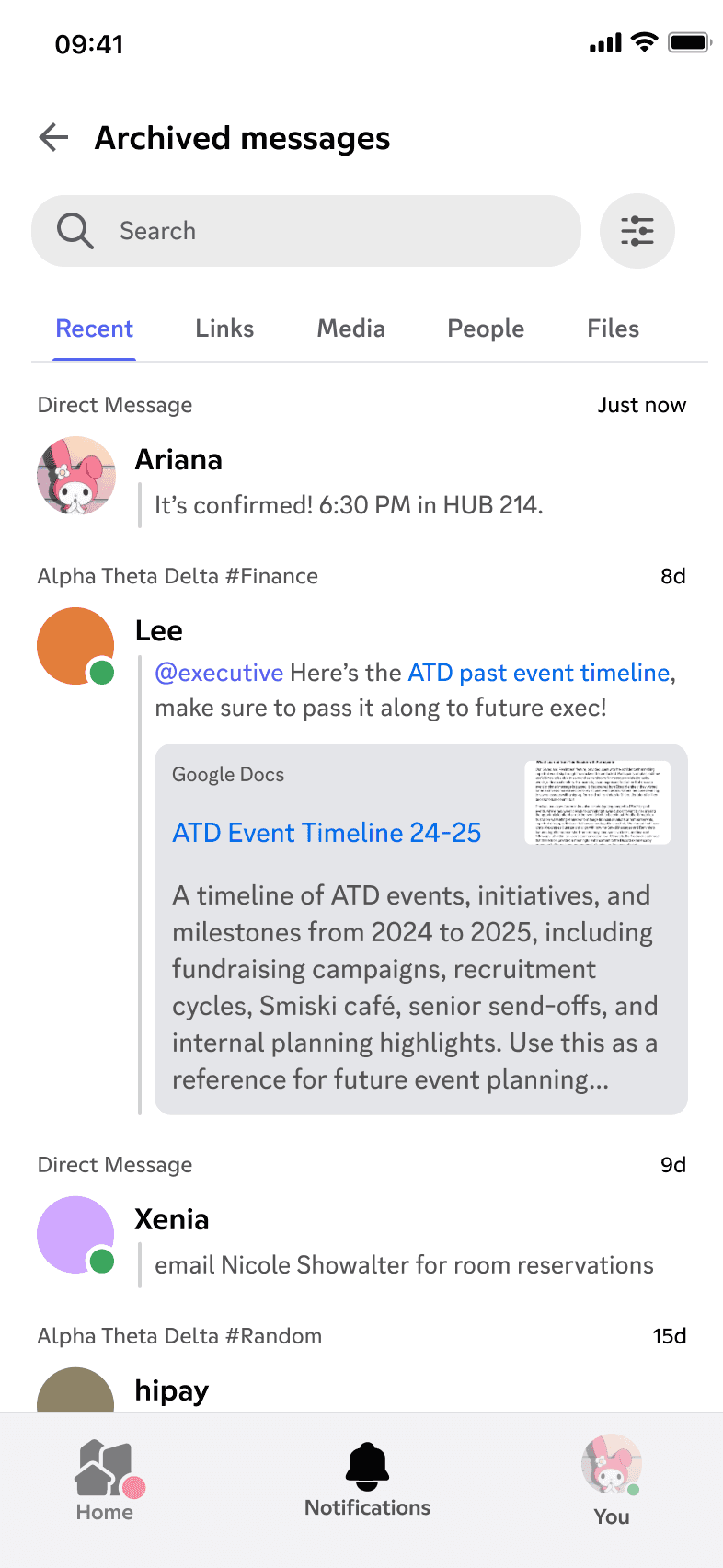 Archived message details in personal space