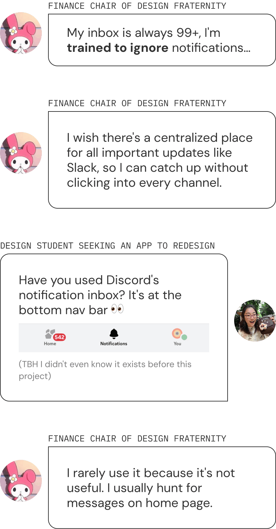 Storyboard: a user returns to an overwhelming Discord inbox